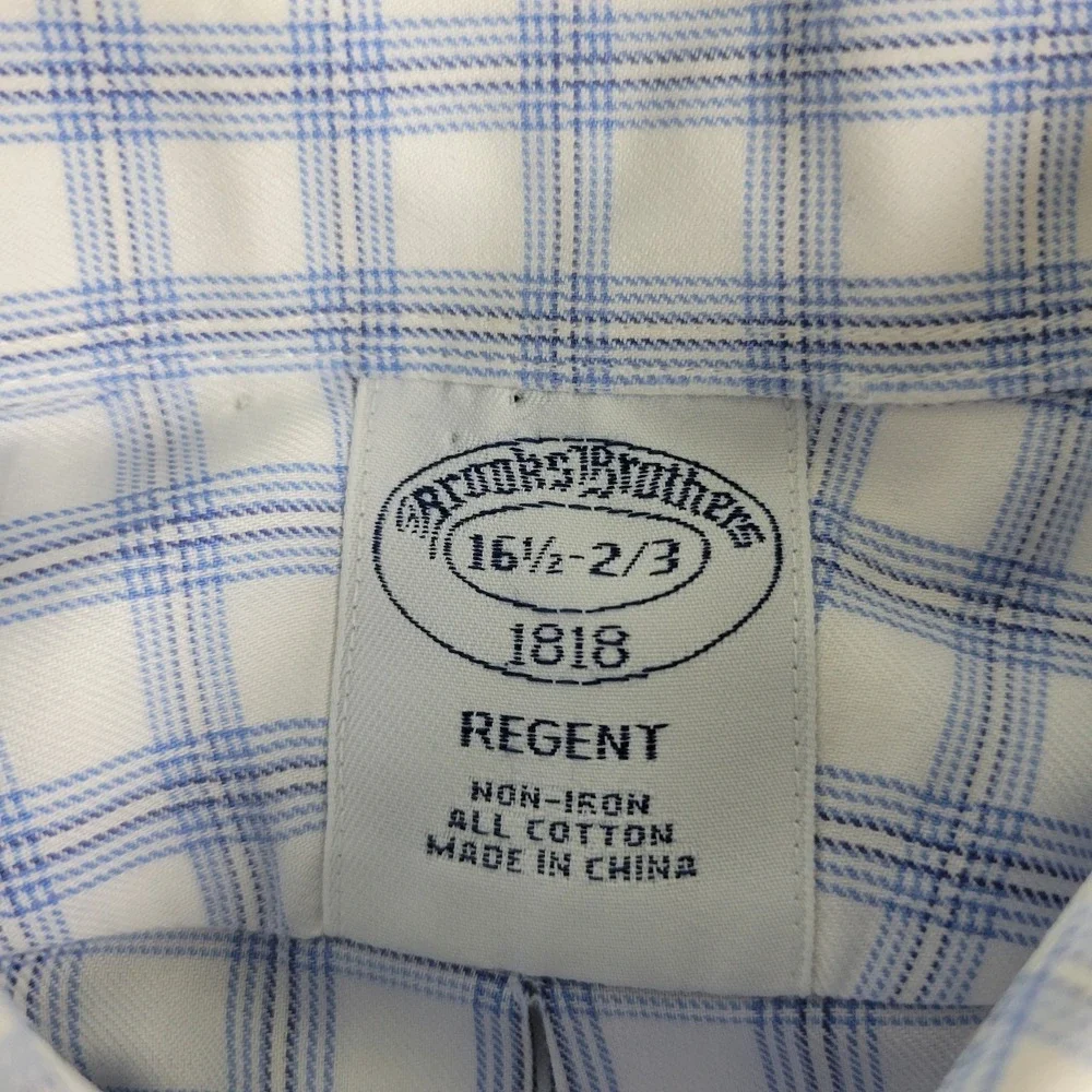 Brooks Brothers Regent Mens 16.5-2/3 White Blue Plaid Check‎ Button Down LS